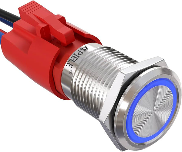 12V/24V Metal Angel Eye Blue LED Illuminated Momentary 16mm Push Lock Switch – Latching On/Off